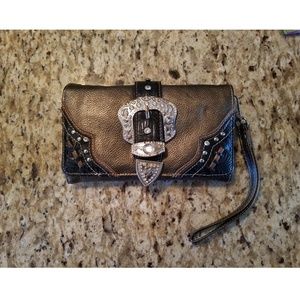 Jeweled faux leather wristlet